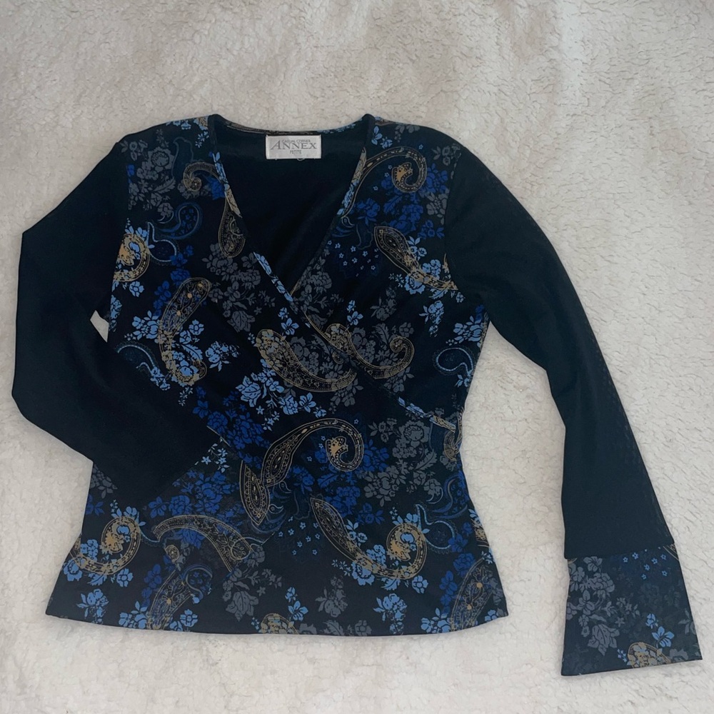Black Floral and Paisley V-Neck Wrap Style Blouse.
